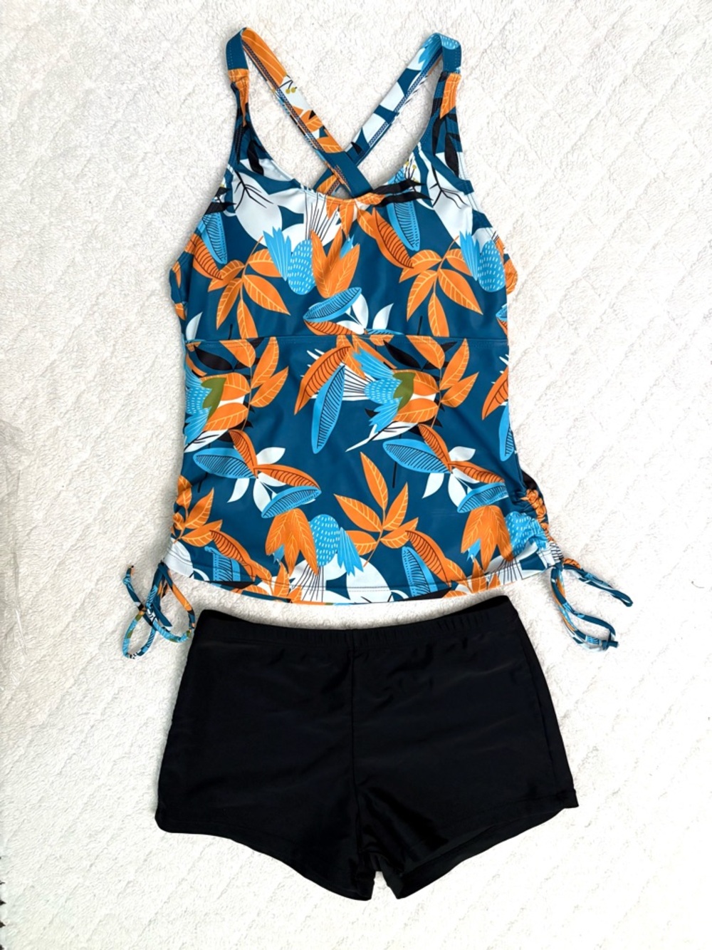 Teal Floral Cross Back Tankini Set with Boyshort Bottoms